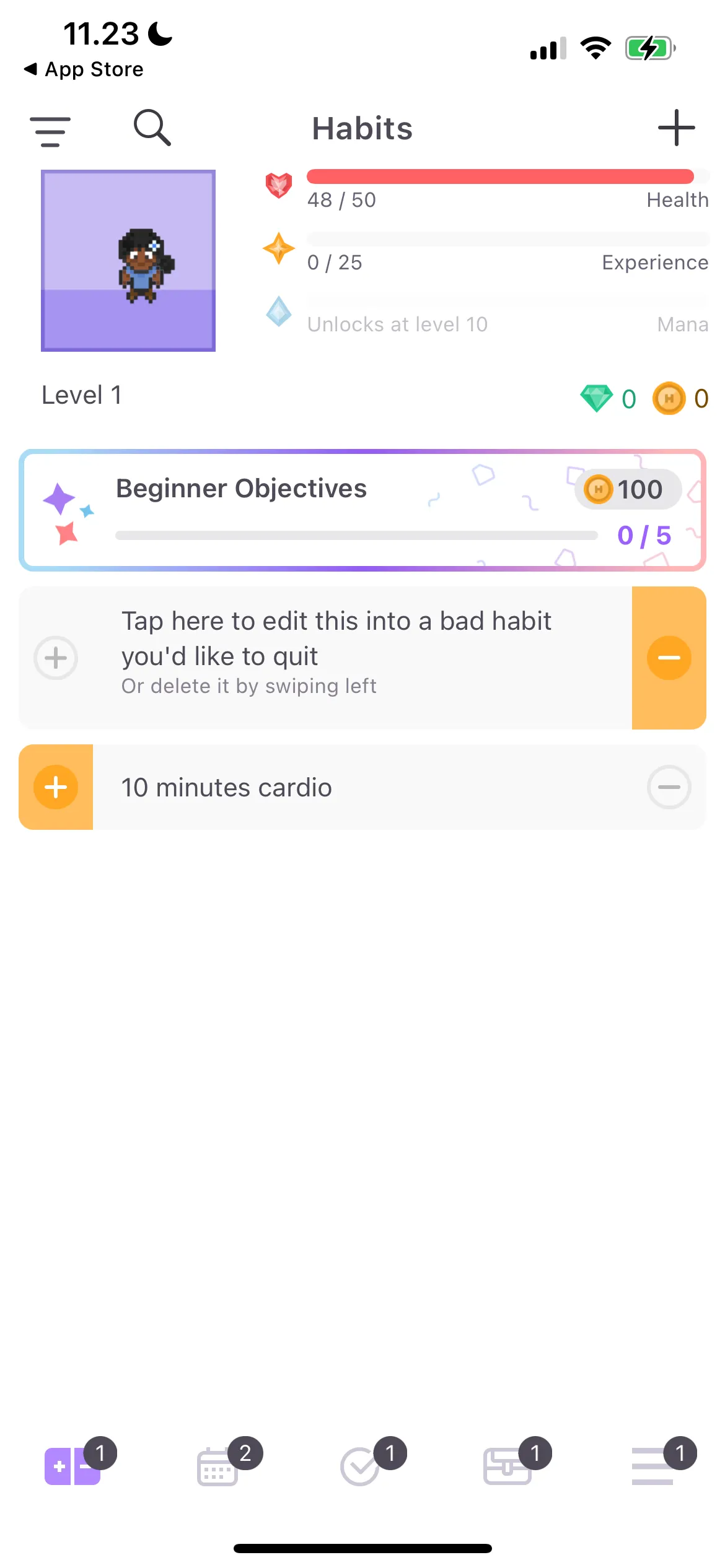 Giao diện ứng dụng Habitica với các nhiệm vụ và nhân vật game