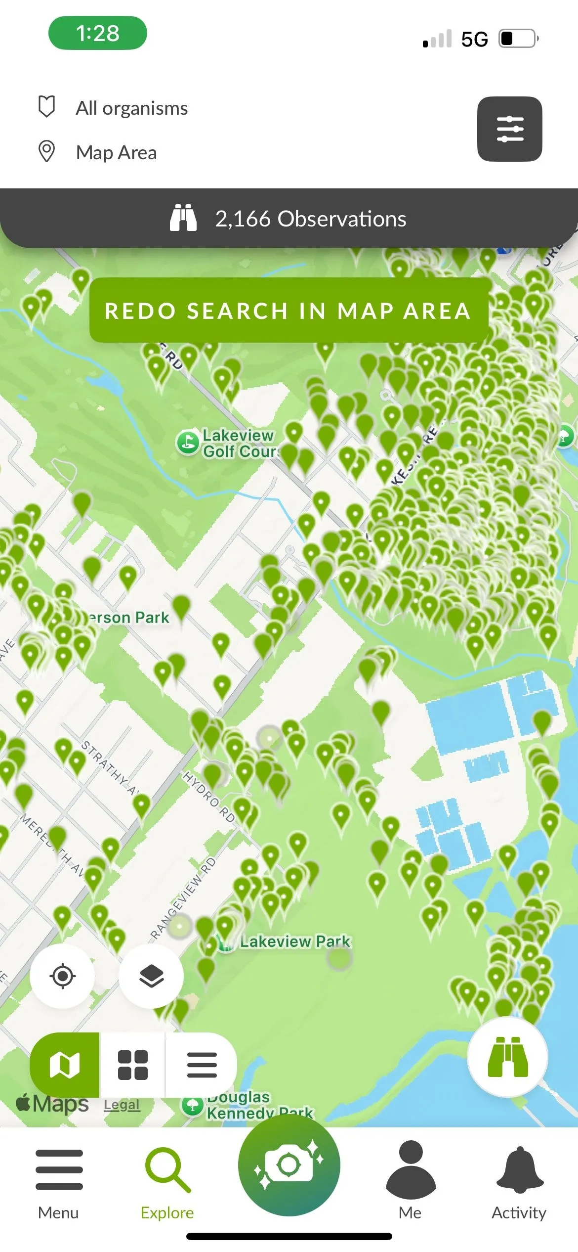 Giao diện ứng dụng iNaturalist hiển thị bản đồ các điểm quan sát sinh vật
