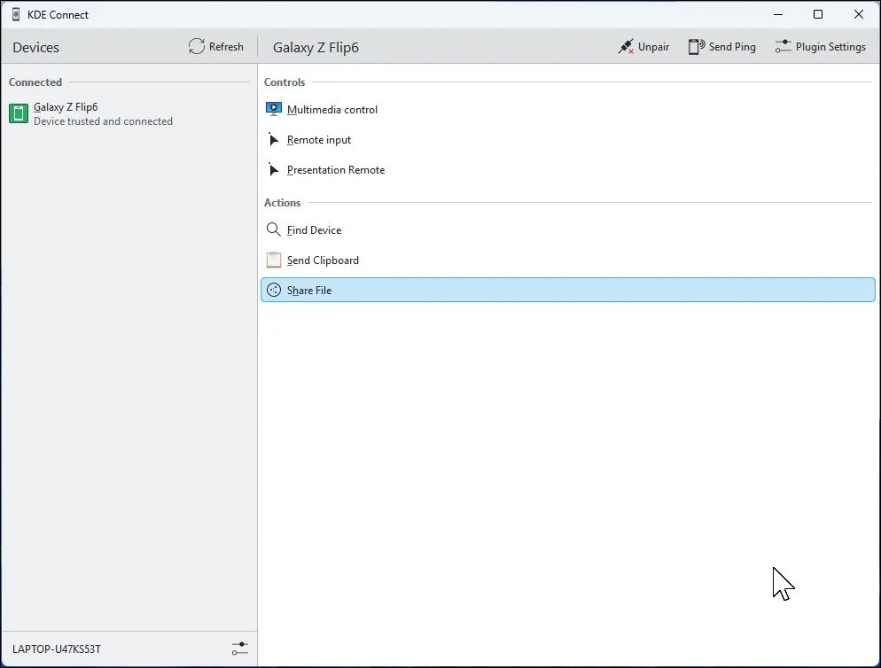 Giao diện ứng dụng KDE Connect đang chạy trên hệ điều hành Windows 11, hiển thị các tùy chọn kết nối điện thoại và máy tính