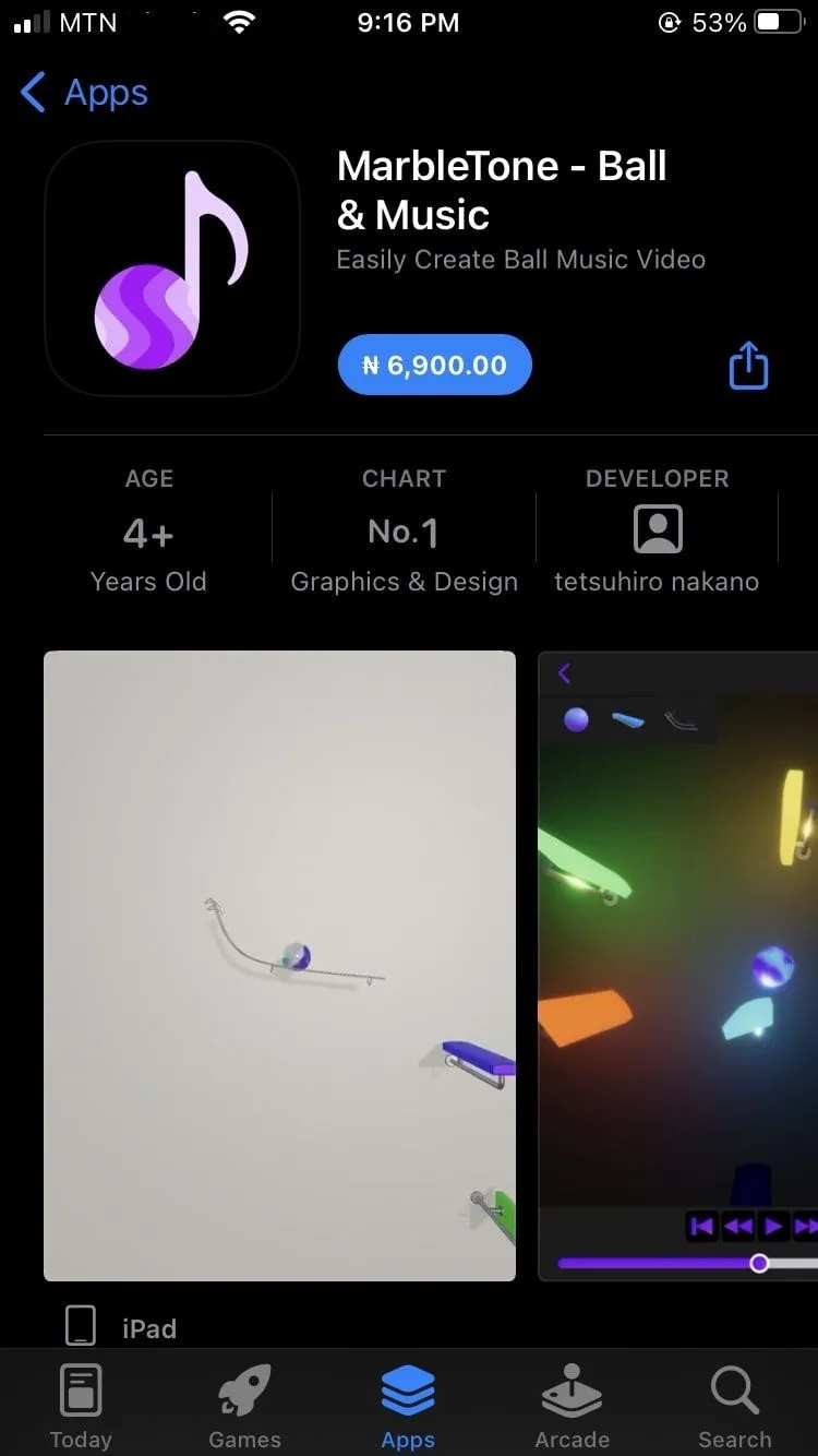 Giao diện ứng dụng MarbleTone trên App Store iOS với nút Get để tải về