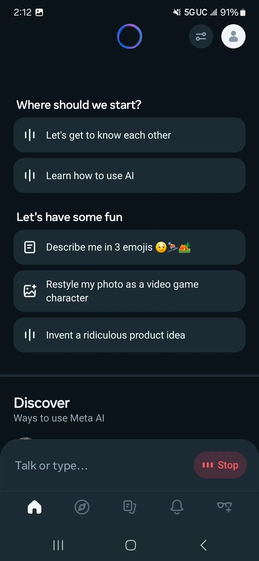 Giao diện ứng dụng Meta AI độc lập trên điện thoại hiển thị các gợi ý và tính năng chatbot.