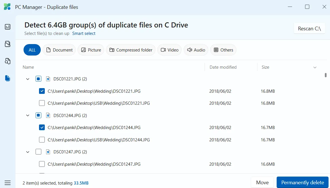 Giao diện ứng dụng Microsoft PC Manager hiển thị các tệp trùng lặp (Duplicate files) trên máy tính Windows 11