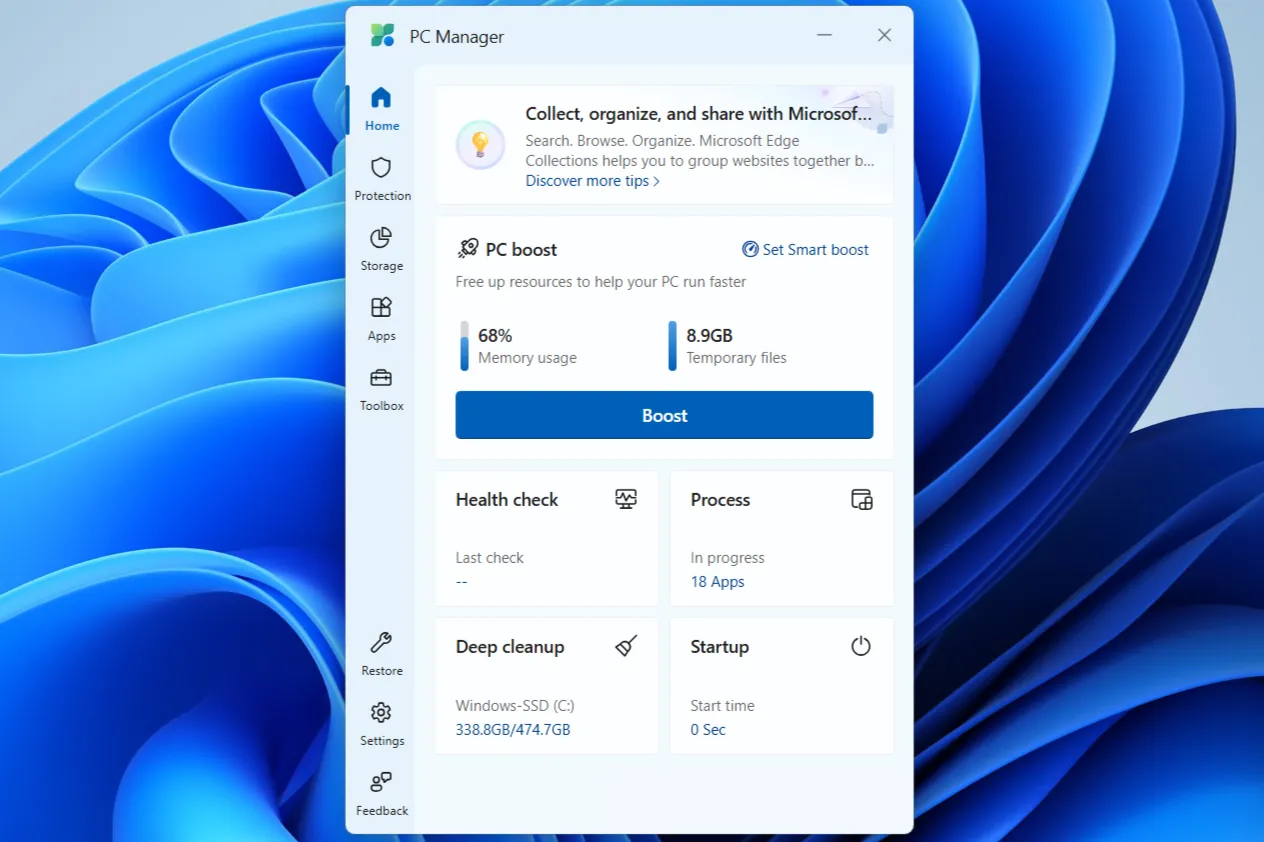 Giao diện ứng dụng Microsoft PC Manager với tùy chọn PC Boost giúp giải phóng RAM và file tạm