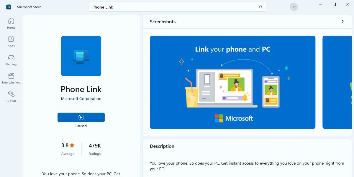 Giao diện ứng dụng Microsoft Phone Link trong Microsoft Store, cho phép đồng bộ điện thoại Android và iOS với Windows