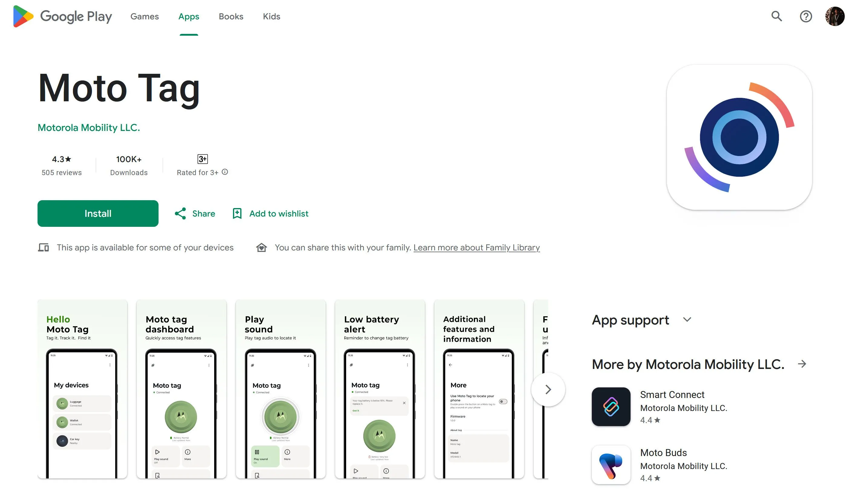 Giao diện ứng dụng Moto Tag trên Google Play Store hiển thị tùy chọn cập nhật và các tính năng định vị.