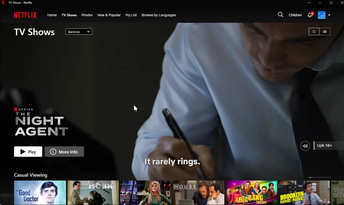 Giao diện ứng dụng Netflix dành cho Windows 11, hiển thị các phim và chương trình truyền hình.