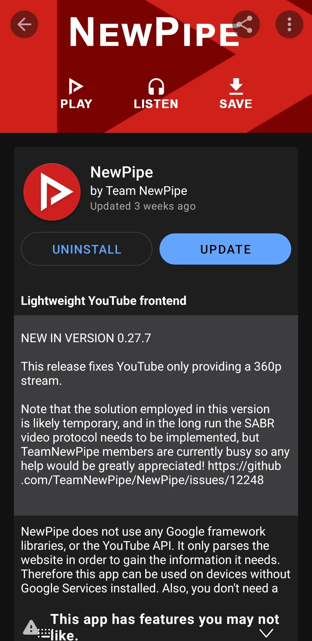 Giao diện ứng dụng NewPipe hiển thị trên kho F-Droid dành cho điện thoại Android