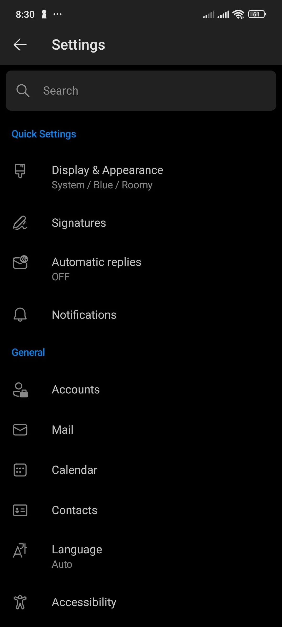 Giao diện ứng dụng Outlook trên Android hiển thị tùy chọn Tài khoản.