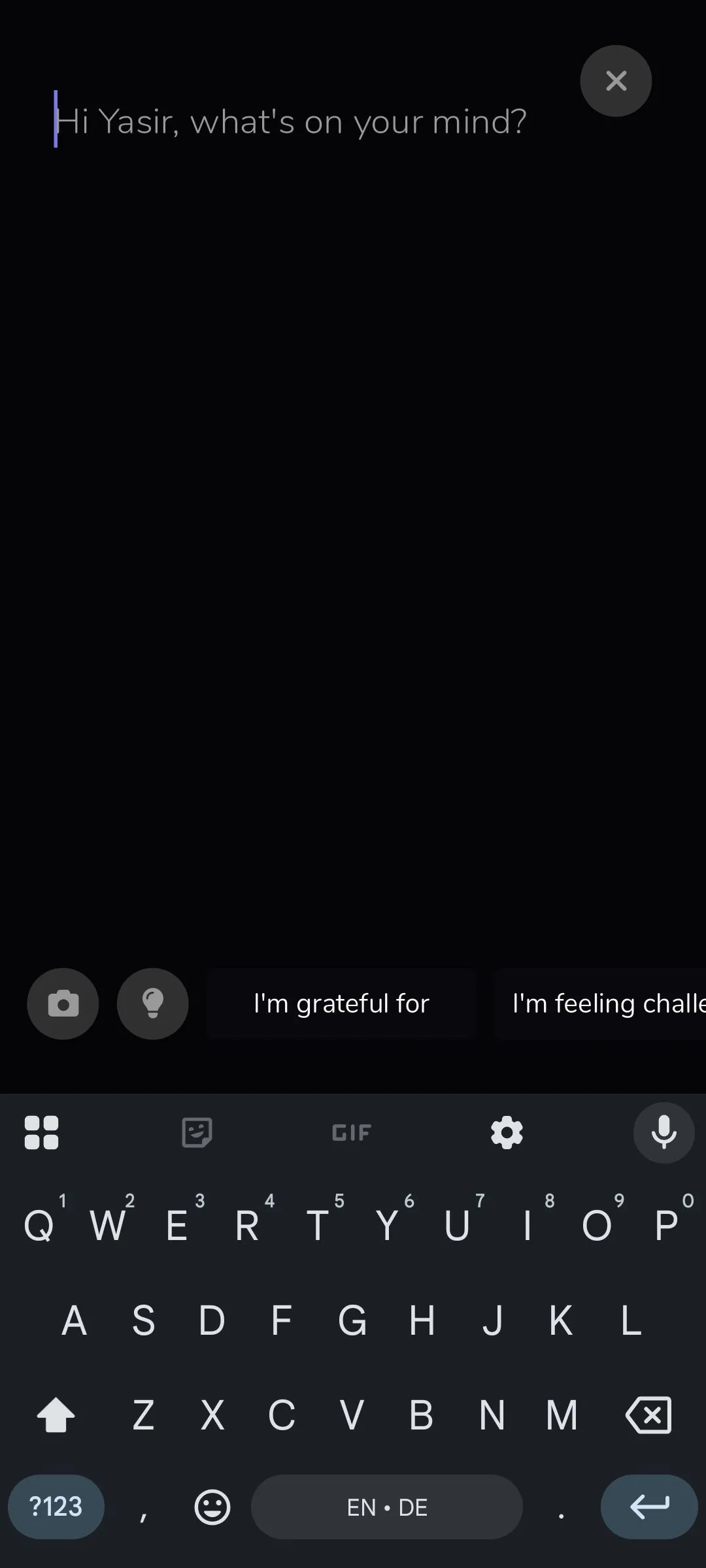 Giao diện ứng dụng Reflection.app hiển thị trang nhập nhật ký trống với các gợi ý ban đầu.