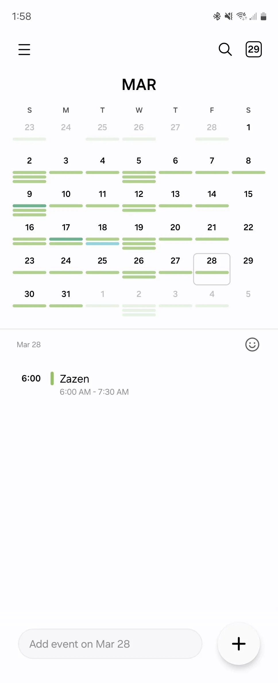 Giao diện ứng dụng Samsung Calendar với trường nhập liệu nhanh ở cuối màn hình, cho phép tạo sự kiện một cách tiện lợi.