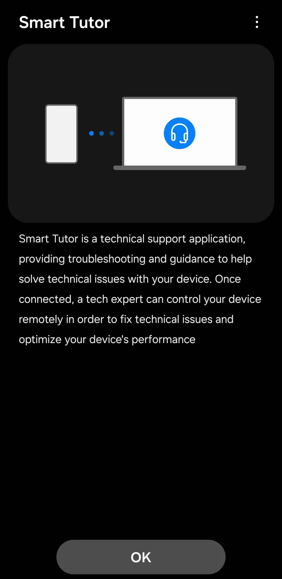 Giao diện ứng dụng Smart Tutor trên điện thoại Galaxy hiển thị thông tin hỗ trợ