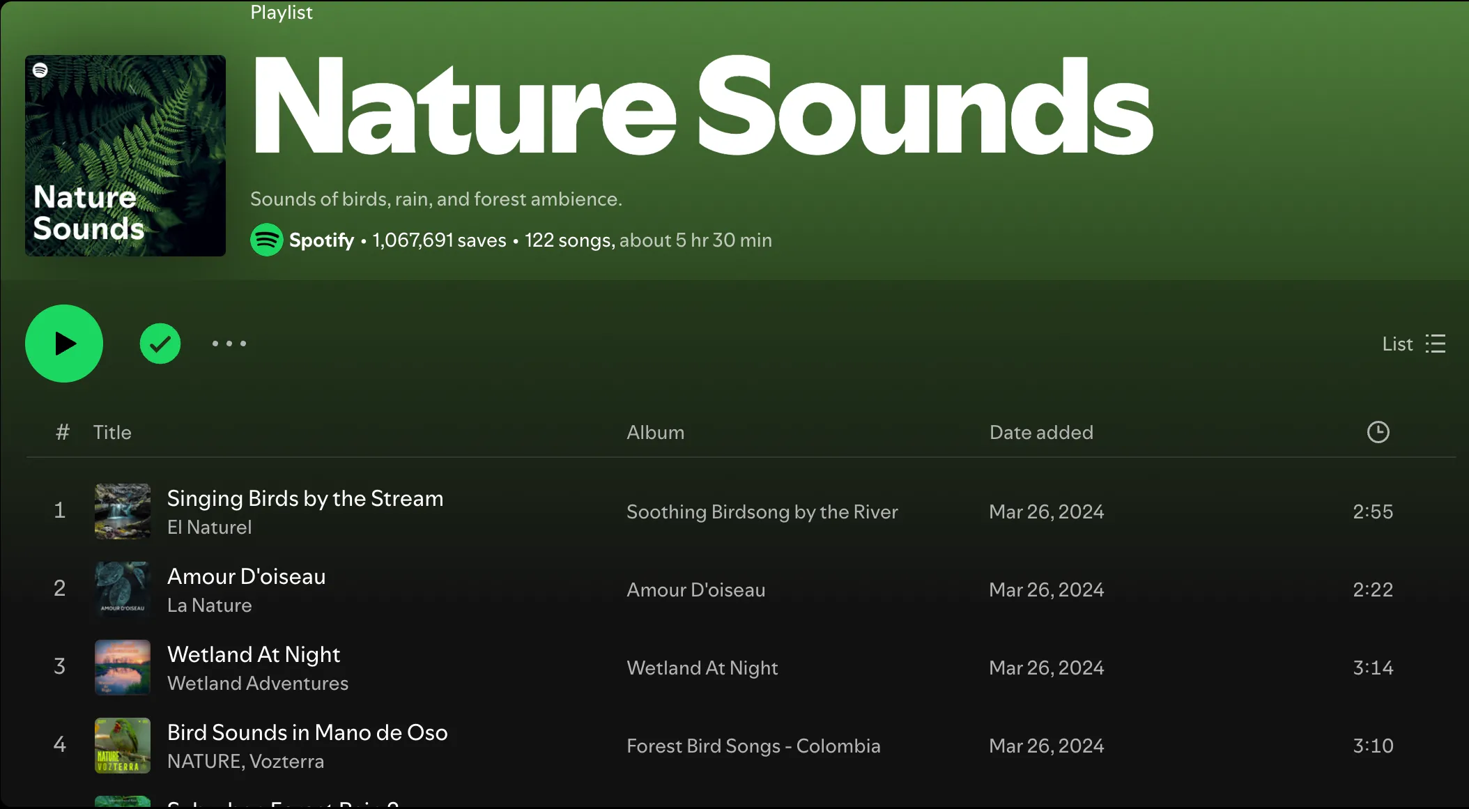 Giao diện ứng dụng Spotify hiển thị danh sách phát 'Nature Sounds' dành cho người muốn nghe nhạc nền thiên nhiên để tập trung