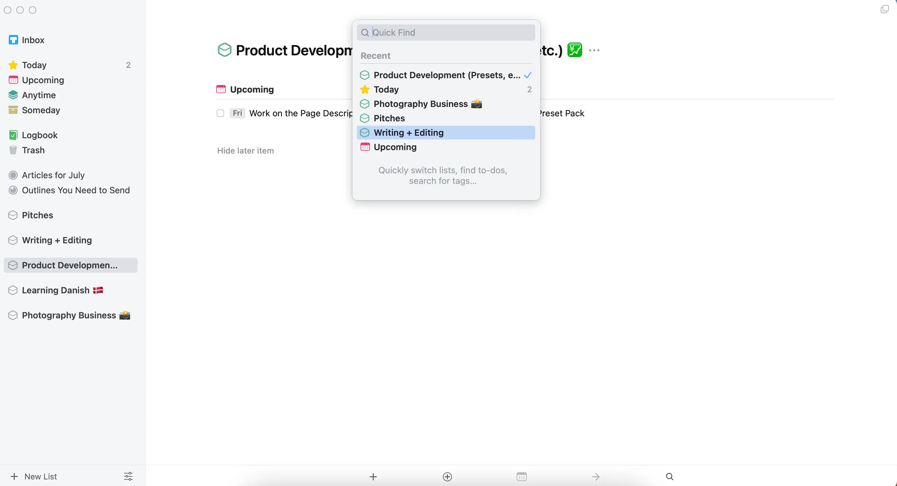 Giao diện ứng dụng Things 3 trên macOS với các tác vụ được sắp xếp khoa học