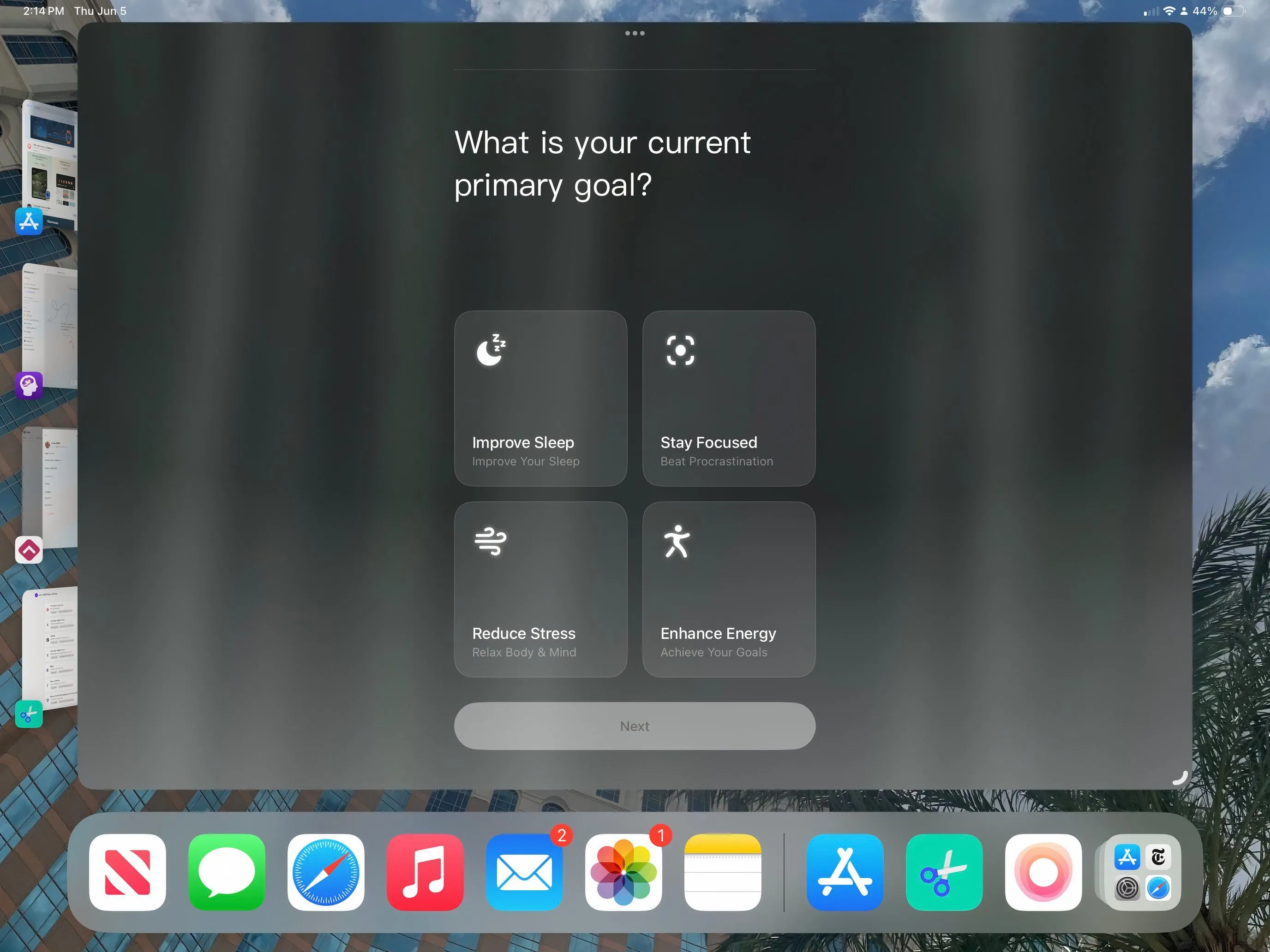Giao diện ứng dụng TIDE trên iPad hỗ trợ thiền định và tăng cường tập trung
