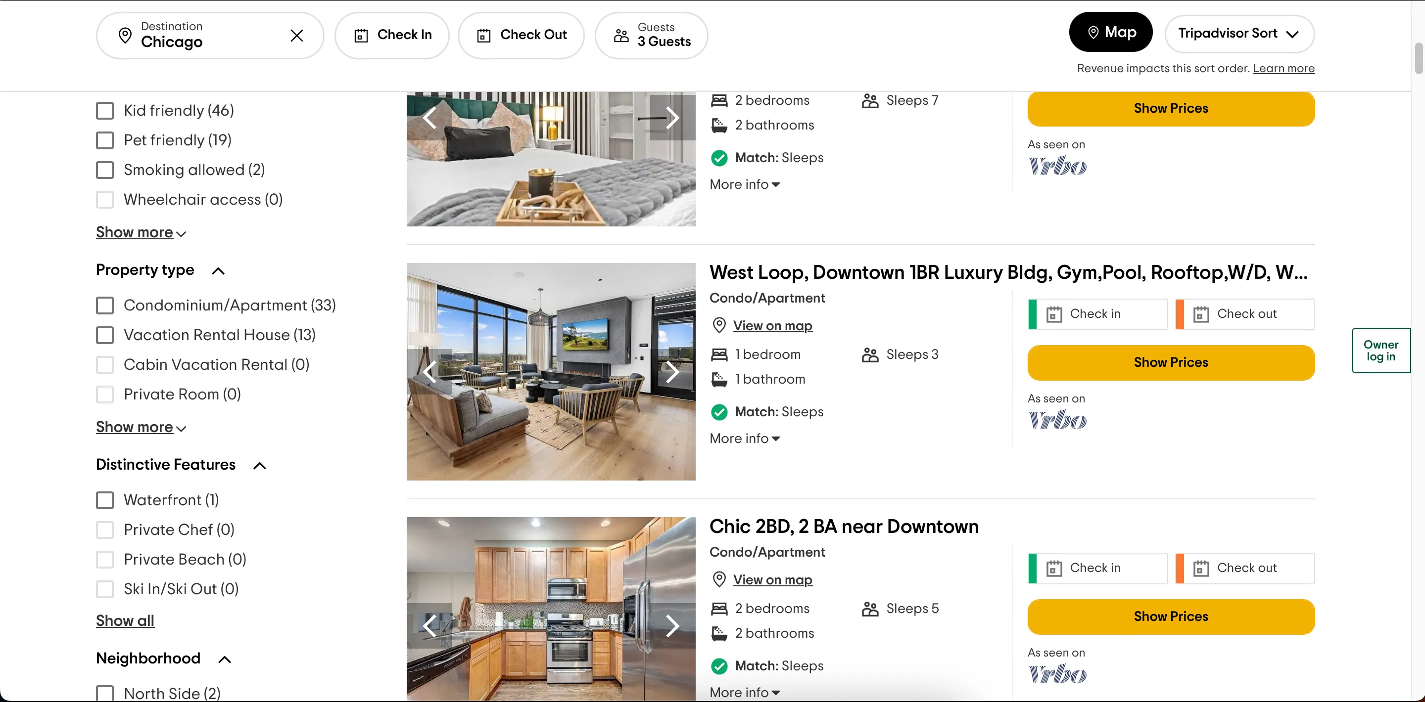 Giao diện ứng dụng Tripadvisor khi tìm kiếm nhà nghỉ dưỡng trên Vrbo, minh họa sự tích hợp giữa hai nền tảng.
