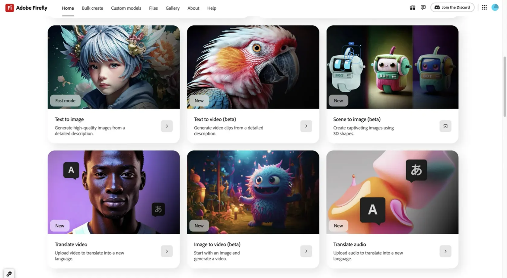 Giao diện ứng dụng web Adobe Firefly mới hiển thị các công cụ AI video và dịch thuật