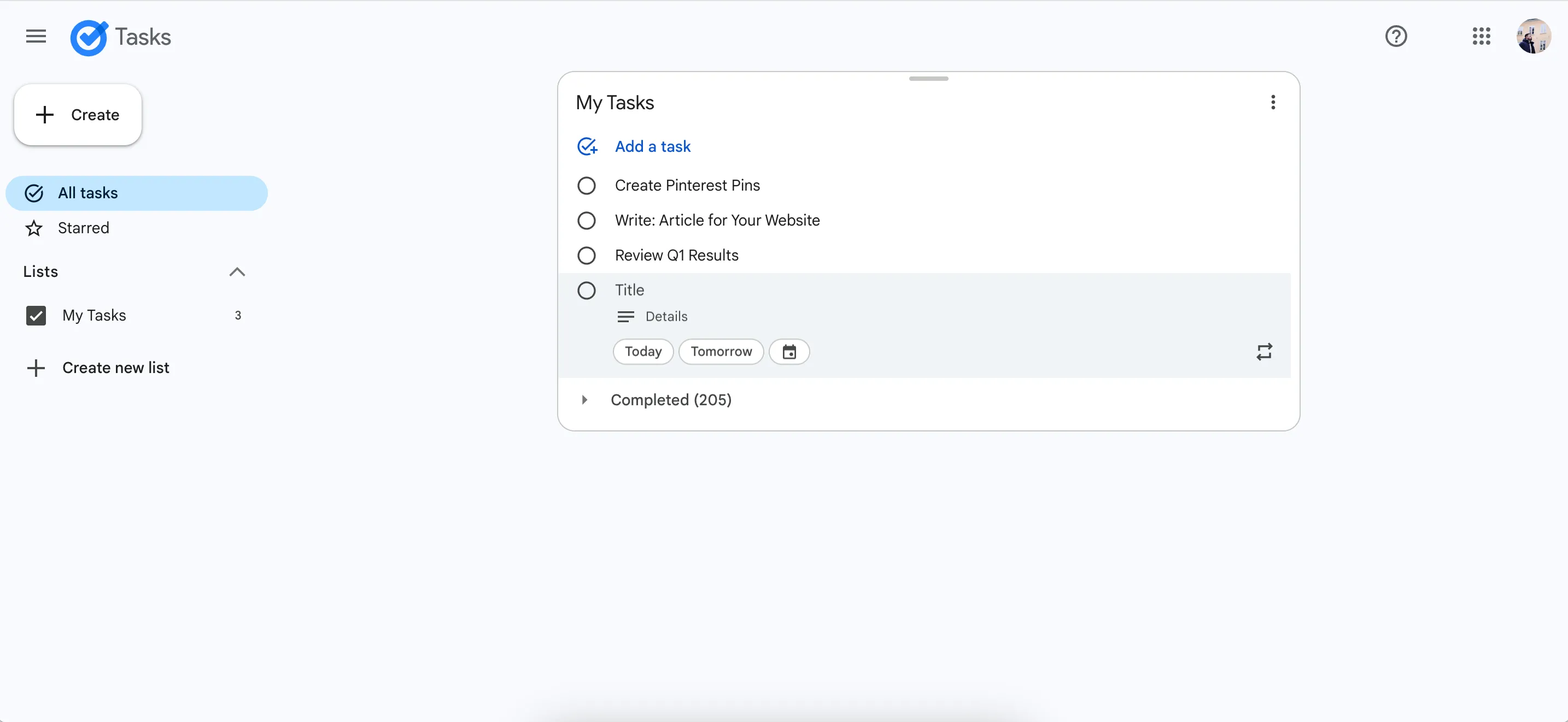Giao diện ứng dụng web Google Tasks giúp người dùng lập kế hoạch ngày