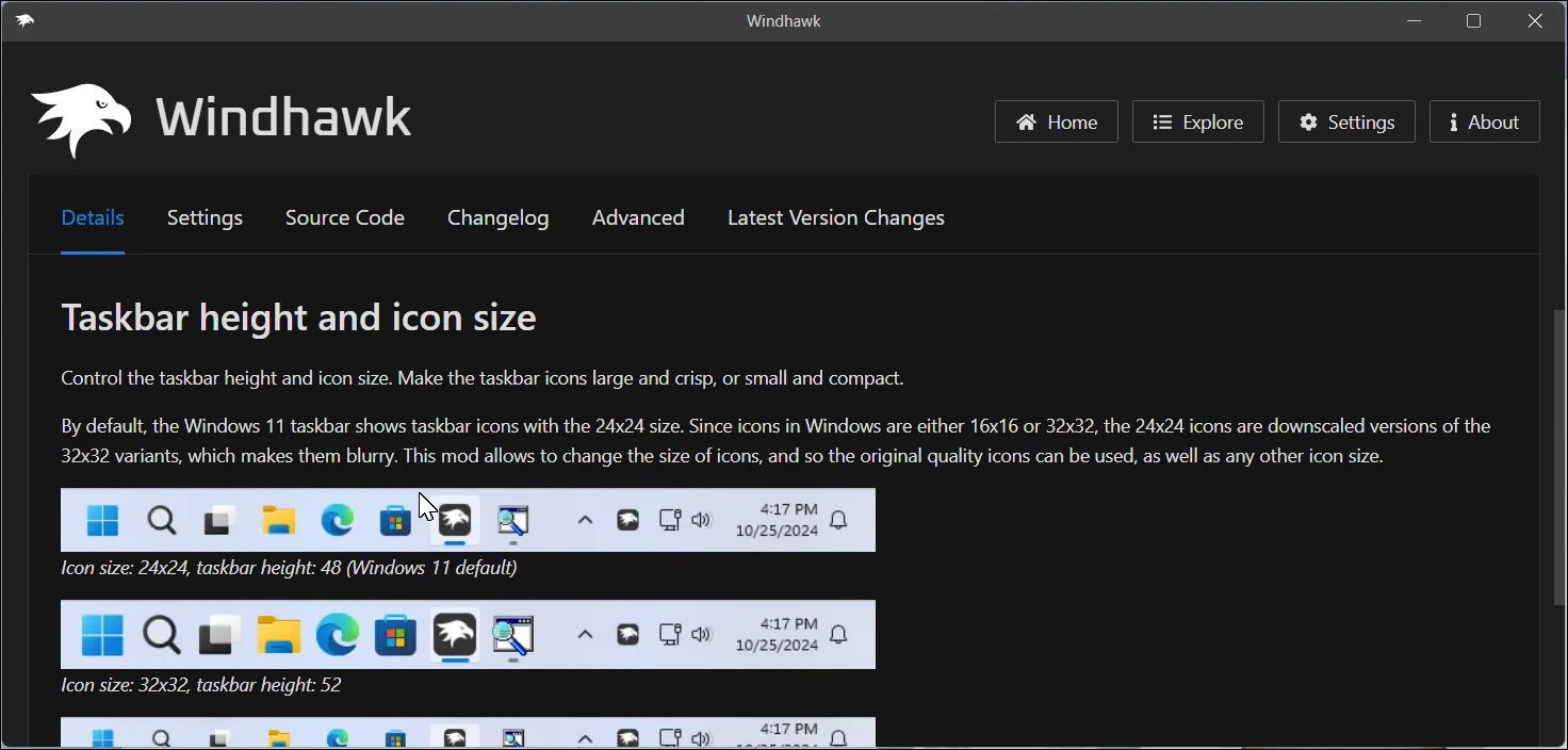 Giao diện ứng dụng Windhawk hiển thị cài đặt mod Taskbar Height and Icon Size giúp tùy chỉnh chiều cao thanh tác vụ và kích thước biểu tượng trên Windows 11