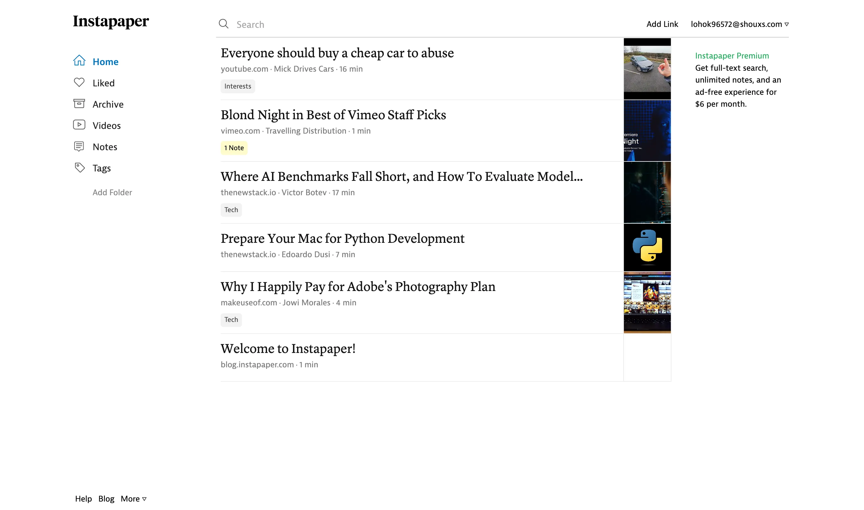 Giao diện web của ứng dụng Instapaper, công cụ quản lý dấu trang đơn giản