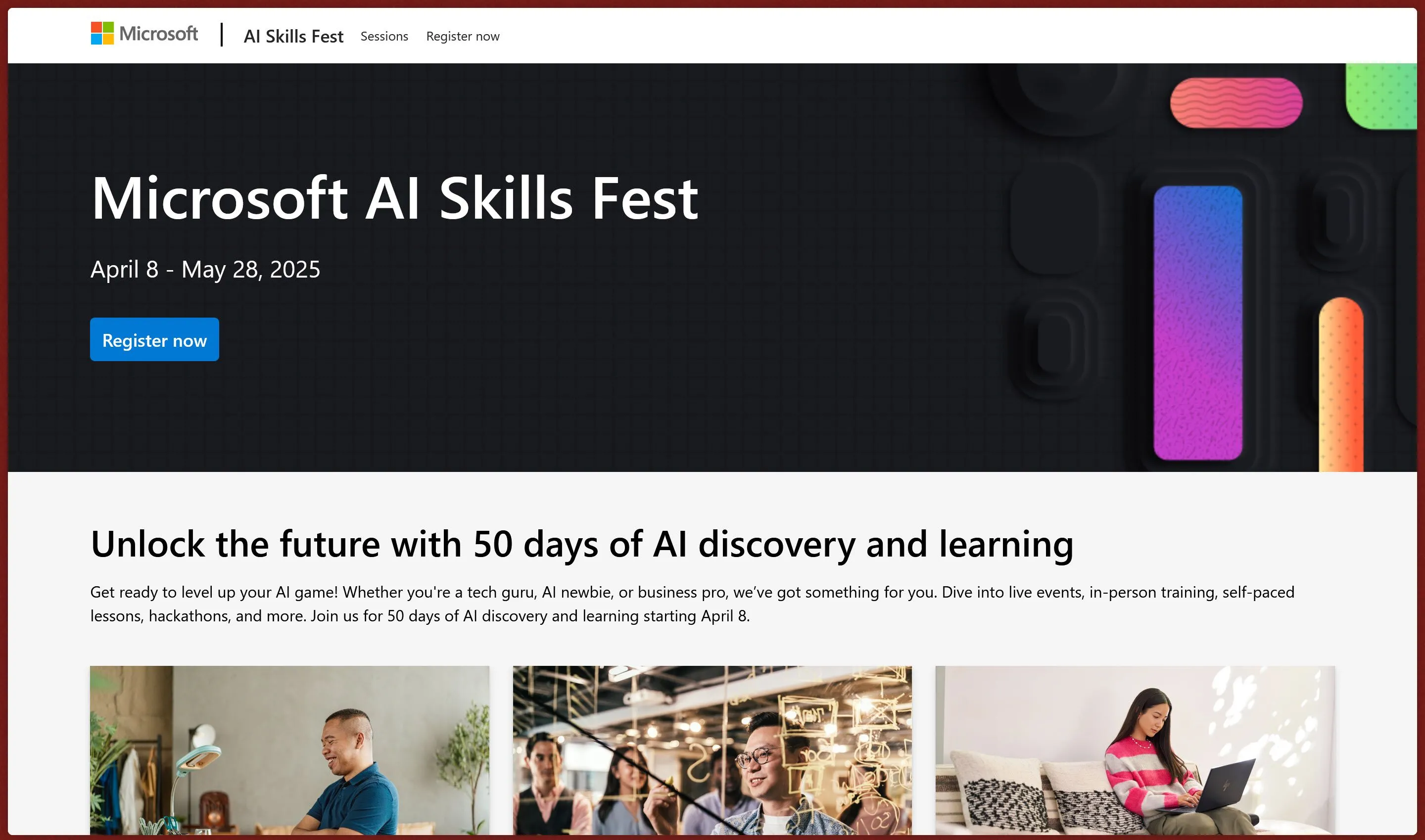Giao diện website chính thức của Microsoft AI Skills Fest, hiển thị thông tin về chương trình đào tạo trí tuệ nhân tạo miễn phí.