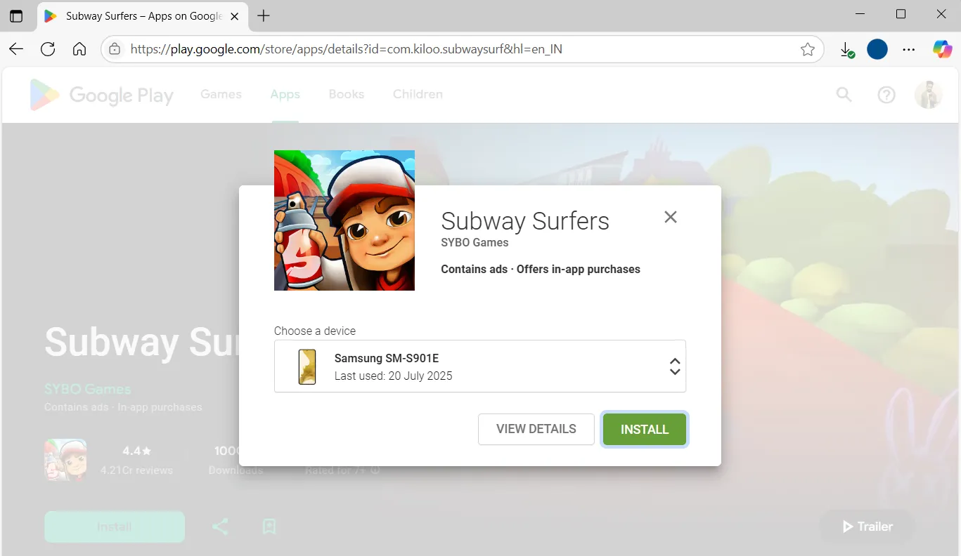Giao diện website Google Play Store trên máy tính hiển thị tùy chọn cài đặt ứng dụng từ xa lên điện thoại Android