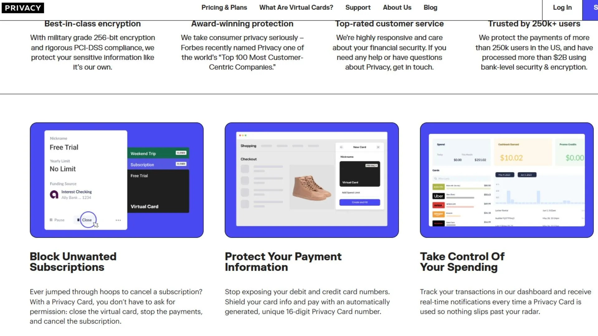 Giao diện website Privacy.com giới thiệu lợi ích của thẻ ảo dùng một lần và bảo mật thanh toán.