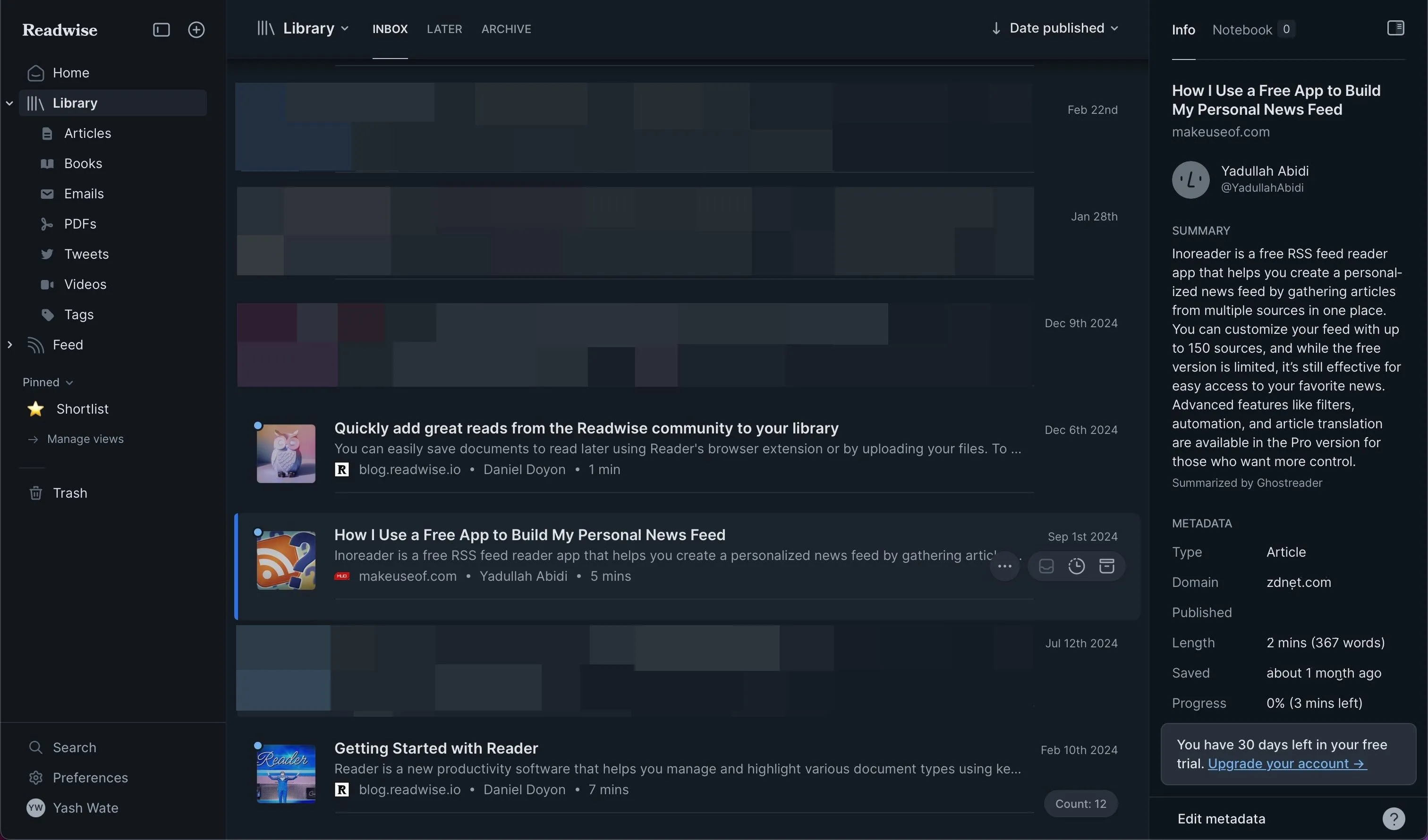 Giao diện website Readwise Reader mở trên Safari trên máy Mac, minh họa các tính năng đọc chuyên sâu và quản lý thông tin hiệu quả.
