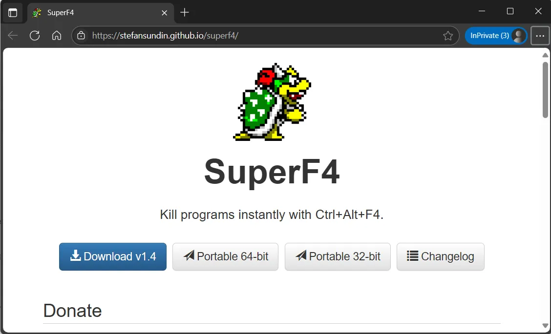 Giao diện website SuperF4 trên trình duyệt Edge để tải phần mềm buộc đóng ứng dụng