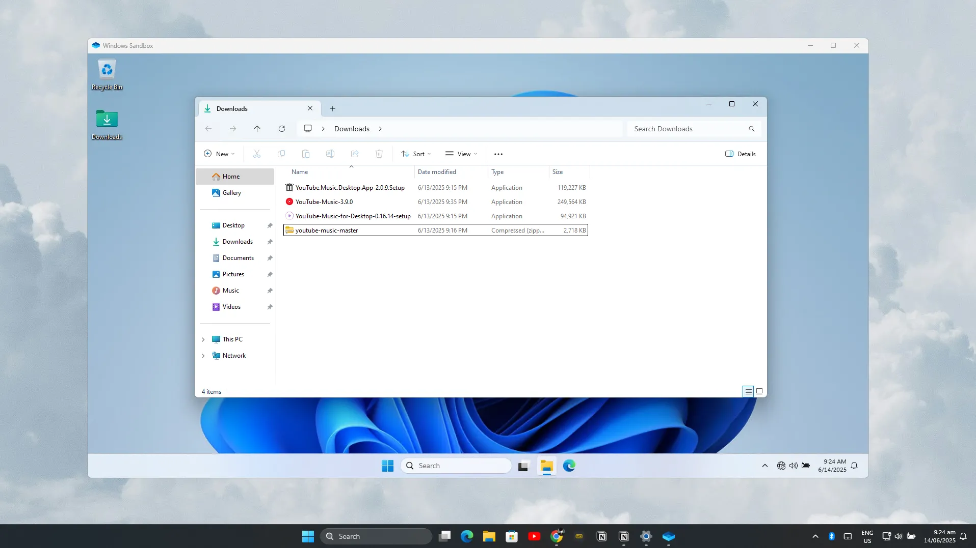 Giao diện Windows Sandbox với thư mục Downloads được ánh xạ và kết nối mạng bị vô hiệu hóa, tăng cường bảo mật.