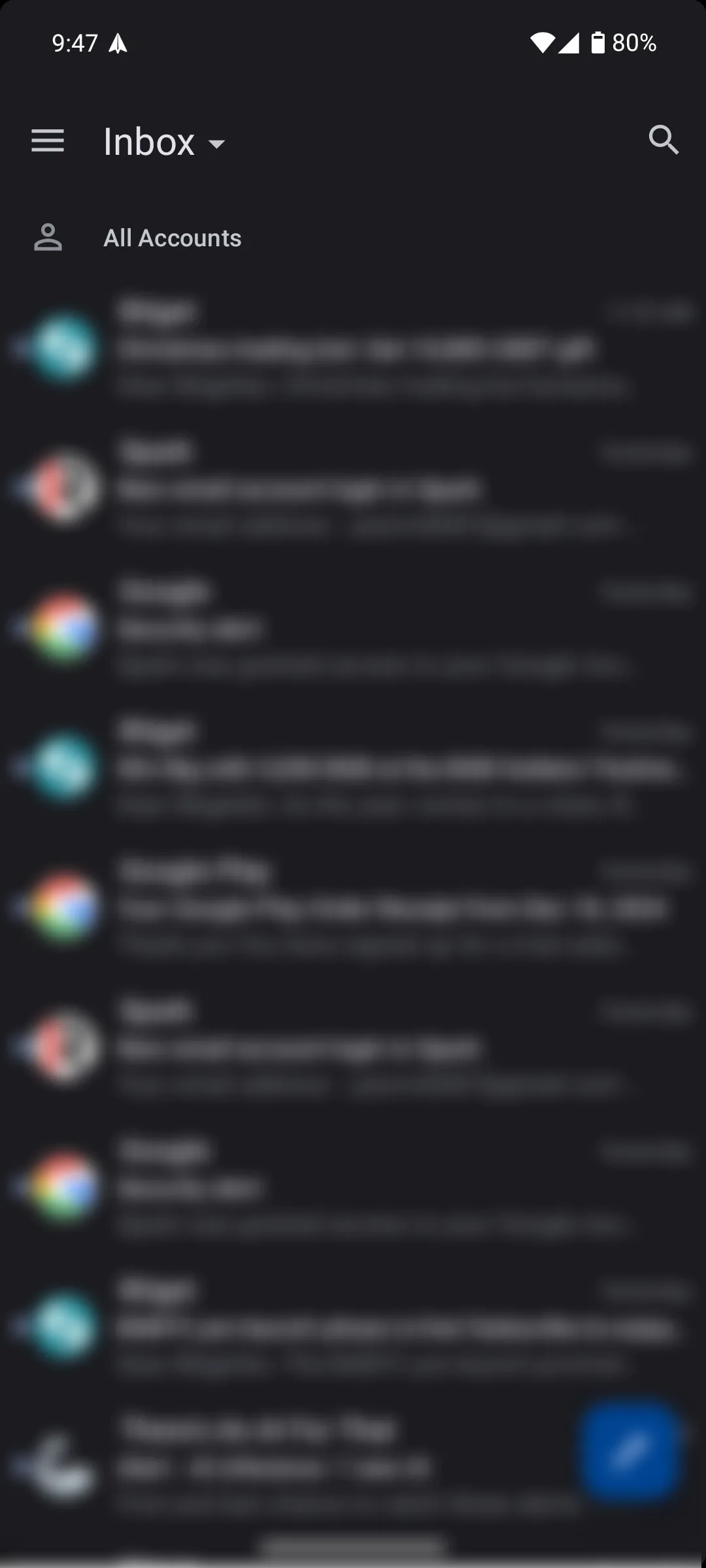 Giao diện xem Classic trong ứng dụng Spark Mail Android hiển thị tất cả email theo thứ tự thời gian