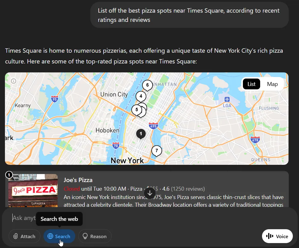 Gợi ý nhà hàng pizza ở New York từ ChatGPT dựa trên vị trí