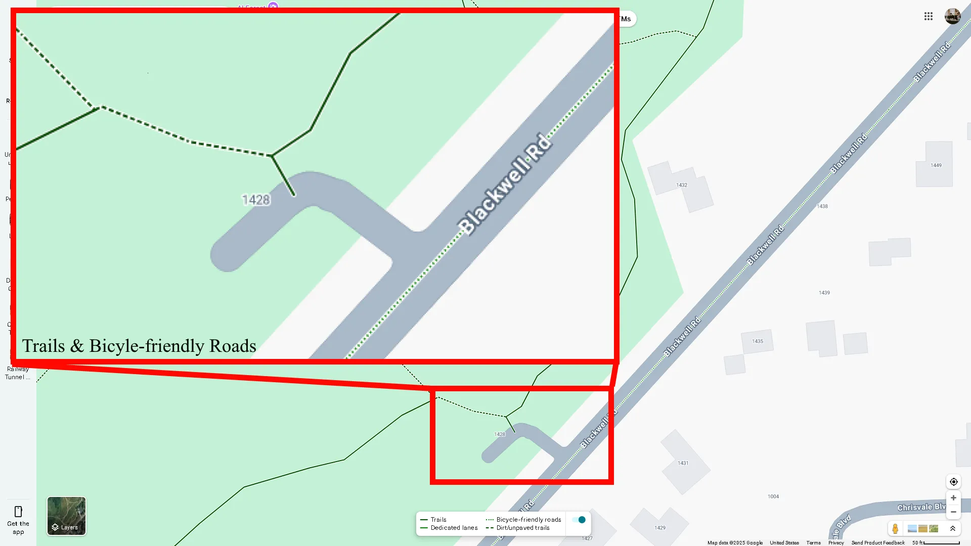 Google Maps đường xe đạp đường mòn lối đi bộ màu xanh lá