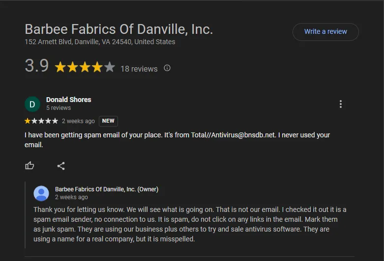 Google Reviews tiêu cực của công ty Design Studio Fabrics bị lừa đảo giả mạo