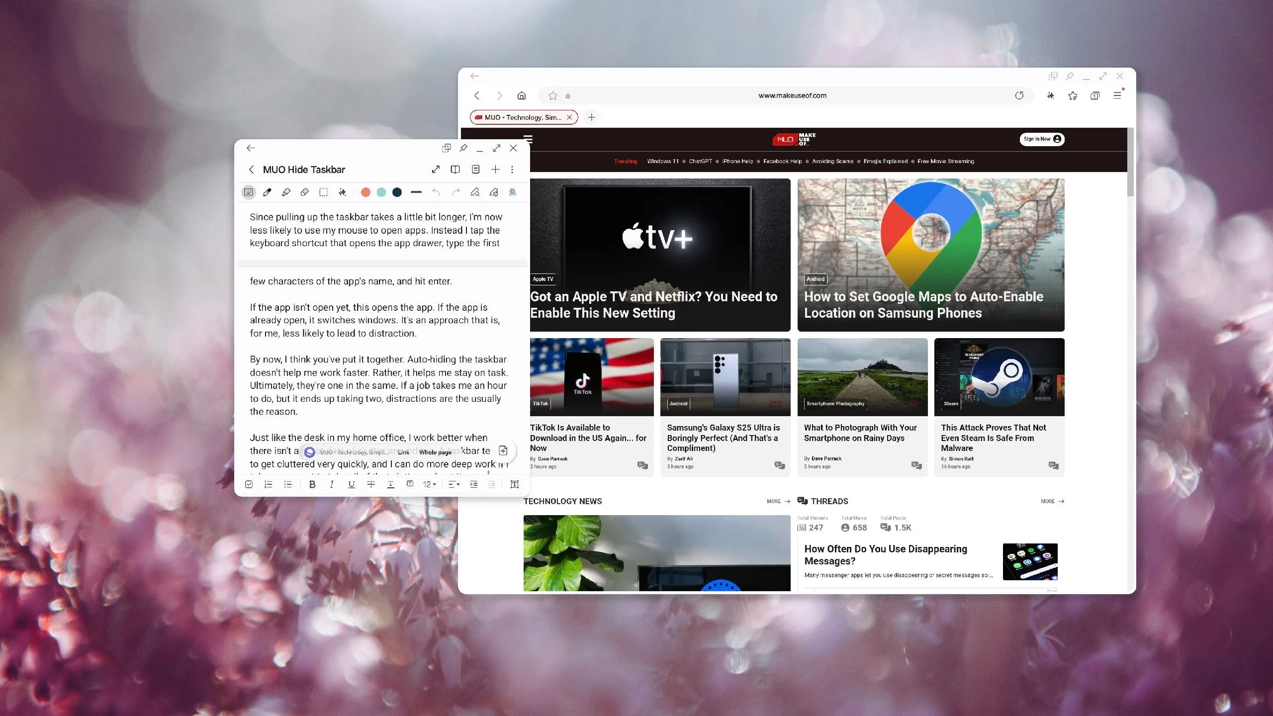 Hai cửa sổ ứng dụng Samsung Notes và Samsung Internet đang mở trên màn hình Samsung DeX, cho thấy không gian làm việc tối giản khi ẩn thanh tác vụ.