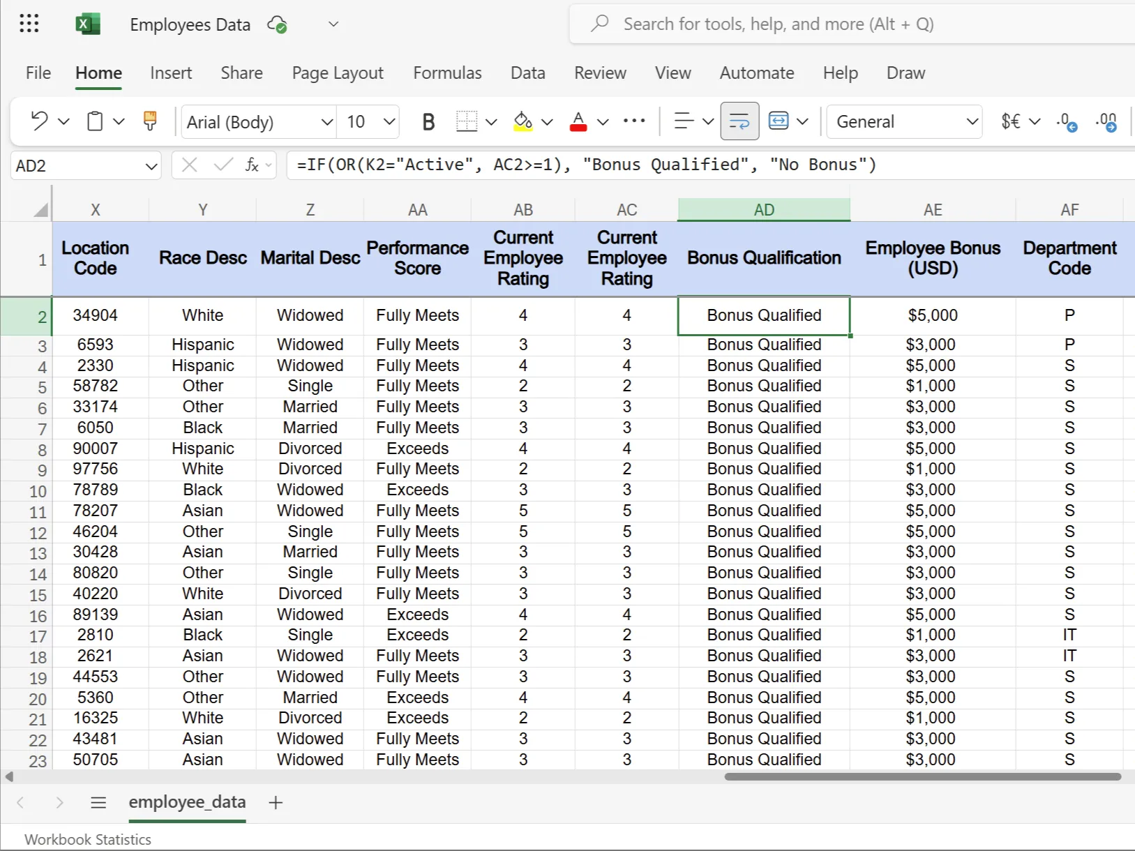 Hàm IF với logic OR trong Excel hiển thị điều kiện nhận thưởng cho nhân viên