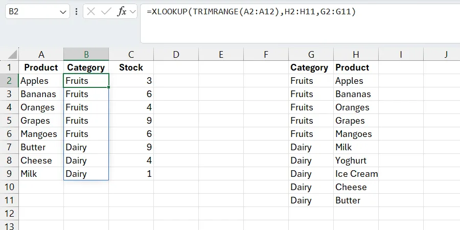 Hàm XLOOKUP đã được loại bỏ lỗi bằng cách sử dụng hàm TRIMRANGE trong Excel.