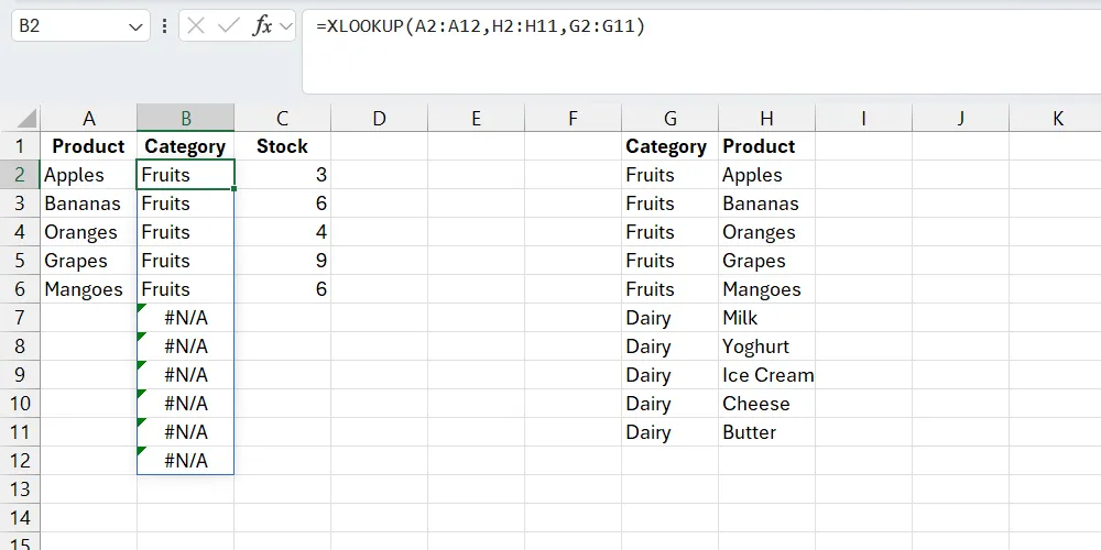 Hàm XLOOKUP với các lỗi #N/A chưa được xử lý trong Excel.