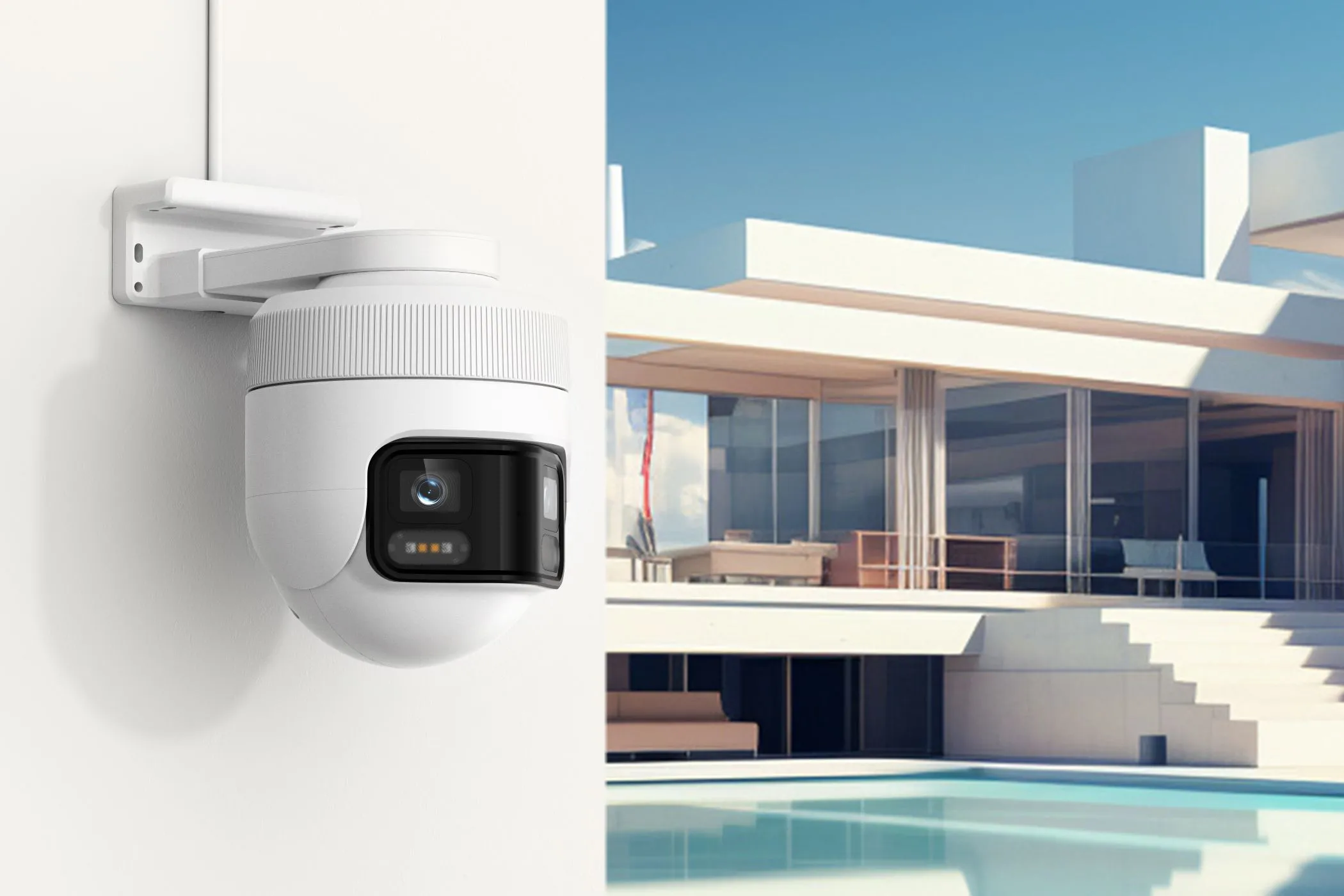 Hệ thống camera IMILAB EC6 Panorama lắp đặt ngoài trời, minh họa khả năng phát hiện AI thông minh