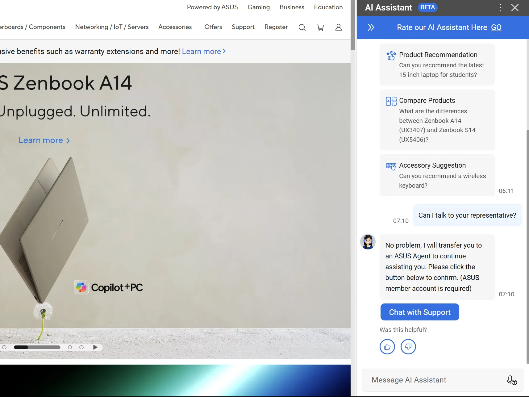 Hệ thống chat AI của ASUS Zenbook A14 trên website, minh họa chatbot hỗ trợ
