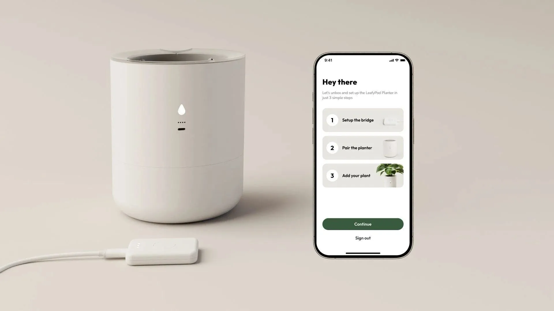 Hệ thống LeafyPod smart planter cùng ứng dụng di động hiển thị thông tin sức khỏe cây