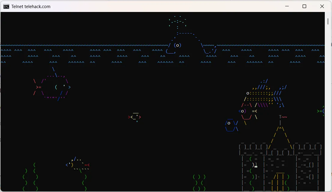 Hiệu ứng bể cá hoạt hình ASCII (ASCII art aquarium) được hiển thị trong Command Prompt.
