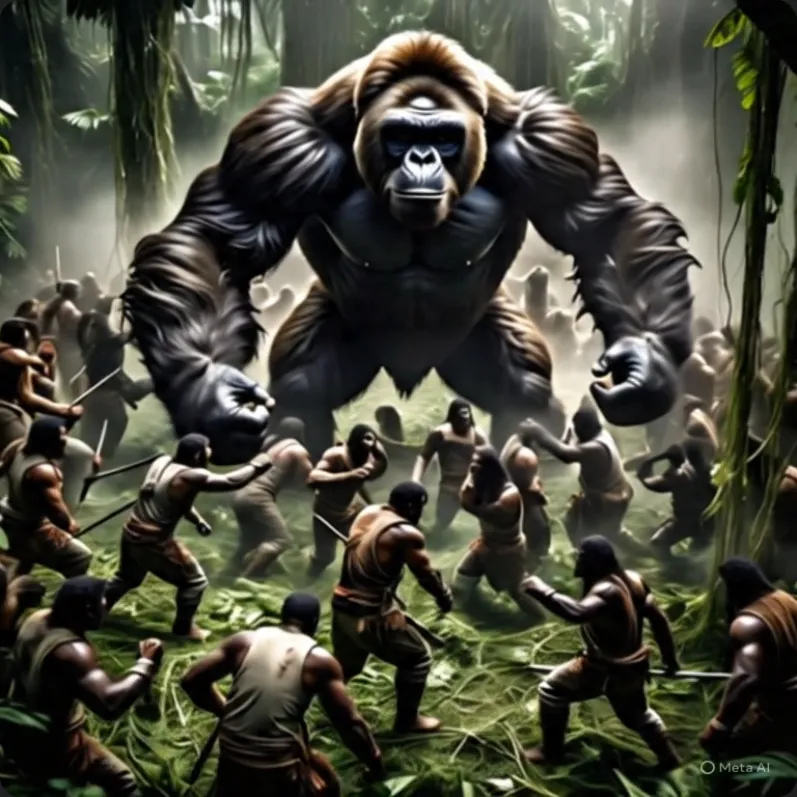 Hình ảnh 100 người đàn ông cầm giáo chuẩn bị đối đầu với gorilla khổng lồ