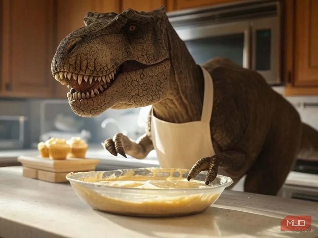 Hình ảnh AI tạo ra một chú khủng long T. rex đang nướng bánh cupcake