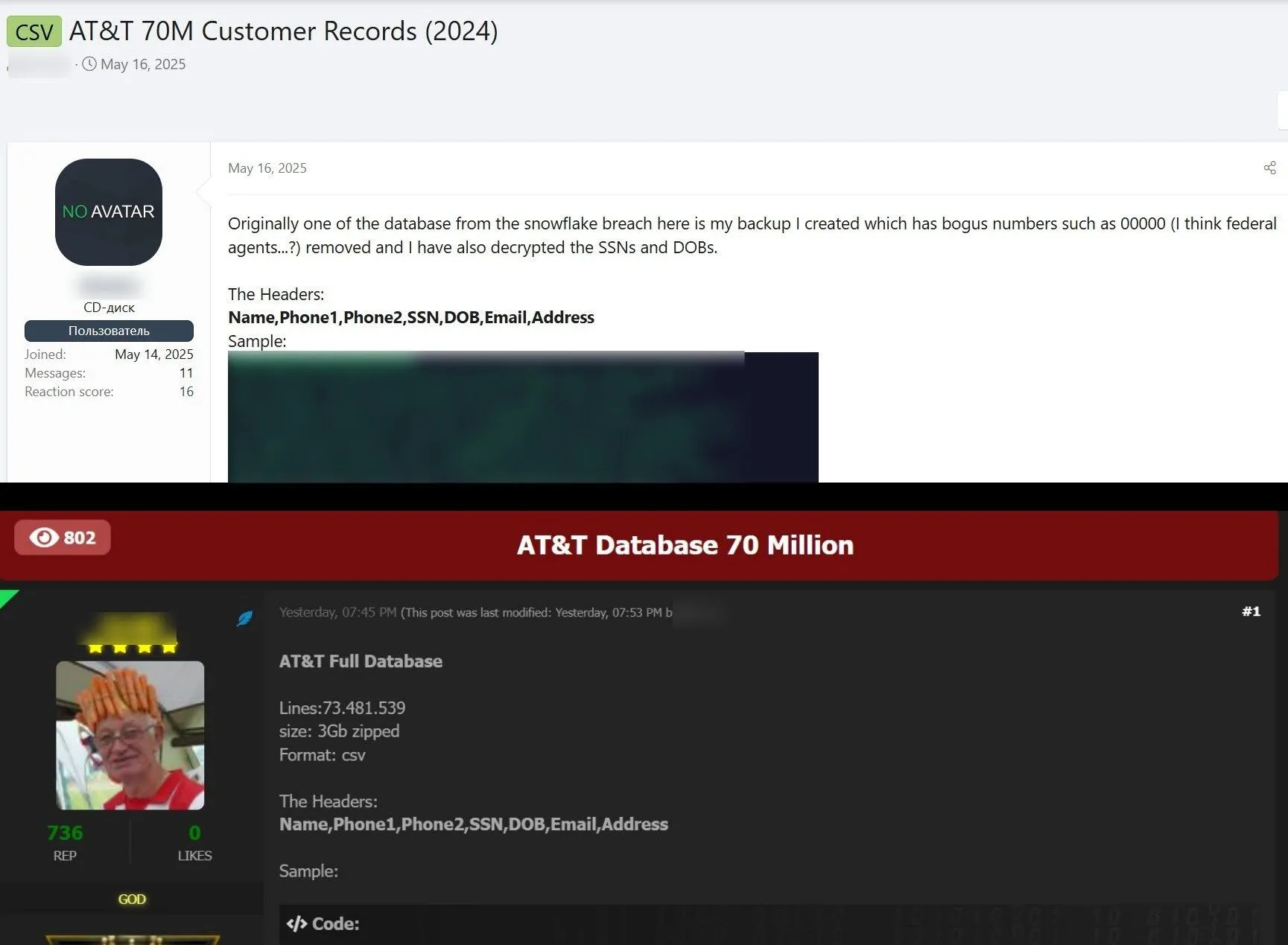 Hình ảnh bài đăng trên diễn đàn tội phạm mạng rao bán dữ liệu khách hàng AT&T, bao gồm thông tin cá nhân và số an sinh xã hội bị rò rỉ.