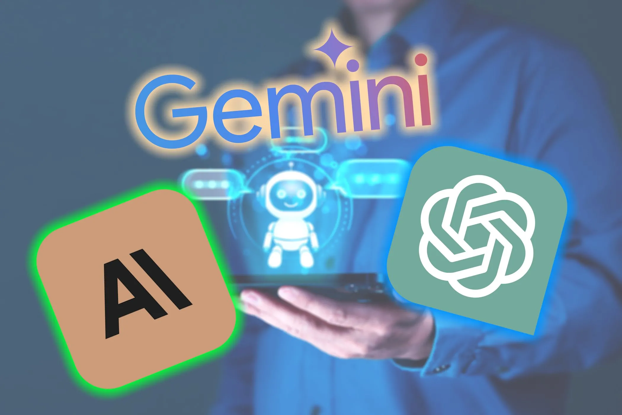 Hình ảnh biểu tượng các công cụ AI hàng đầu như ChatGPT, Gemini, Claude và chatbot AI đang trò chuyện, minh họa sự phổ biến của AI miễn phí và trả phí