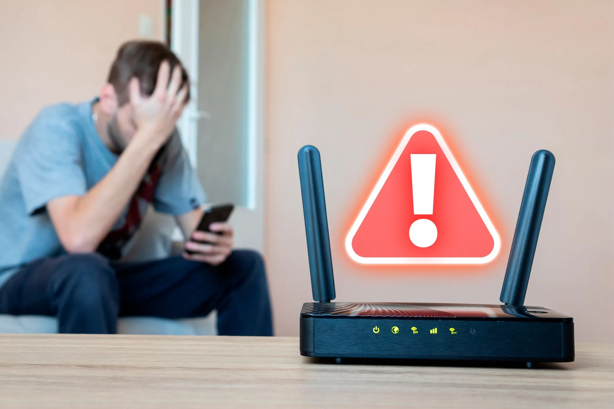 Hình ảnh bộ định tuyến Wi-Fi báo lỗi và người dùng thất vọng, minh họa các vấn đề kết nối mạng không dây thường gặp