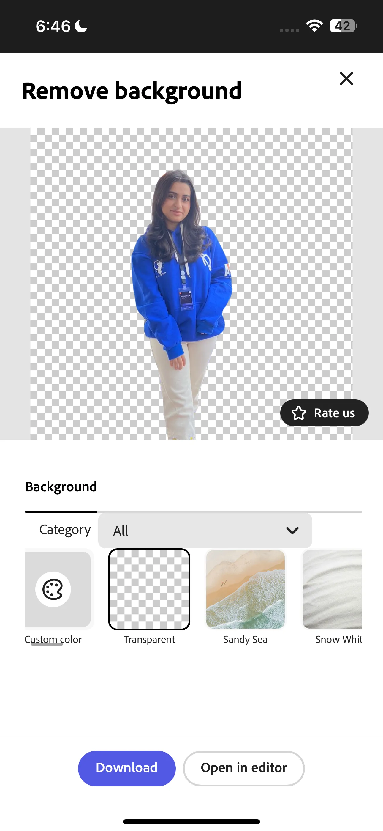 Hình ảnh đã được xóa nền trong suốt bằng tính năng Remove Background của Adobe Express, minh họa hiệu quả tách phông.
