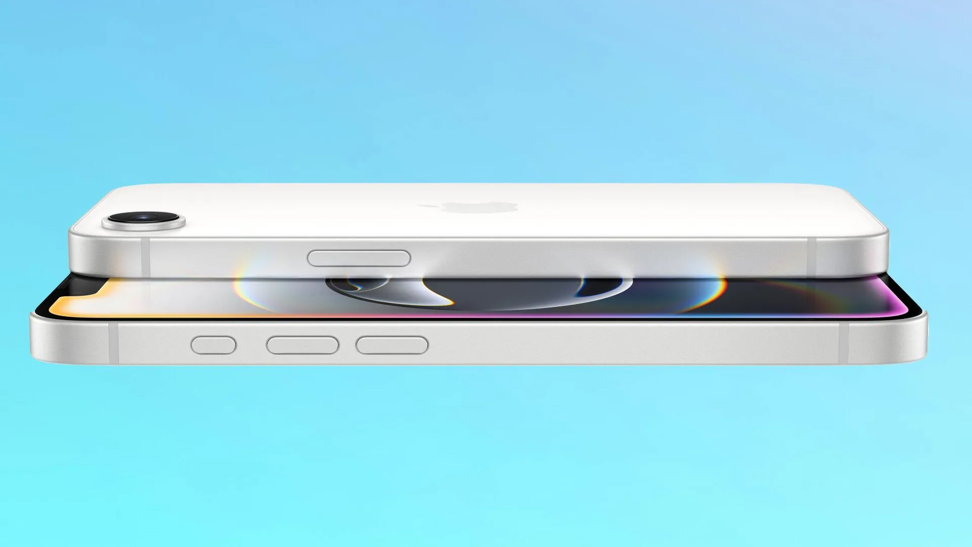 Hình ảnh điện thoại iPhone 16e hiển thị mặt trước và mặt sau với thiết kế mới