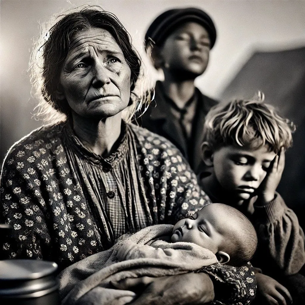 Hình ảnh do AI tạo ra gợi nhớ bức ảnh nổi tiếng &quot;Migrant Mother&quot; chụp một người phụ nữ với các con trong bối cảnh khó khăn.