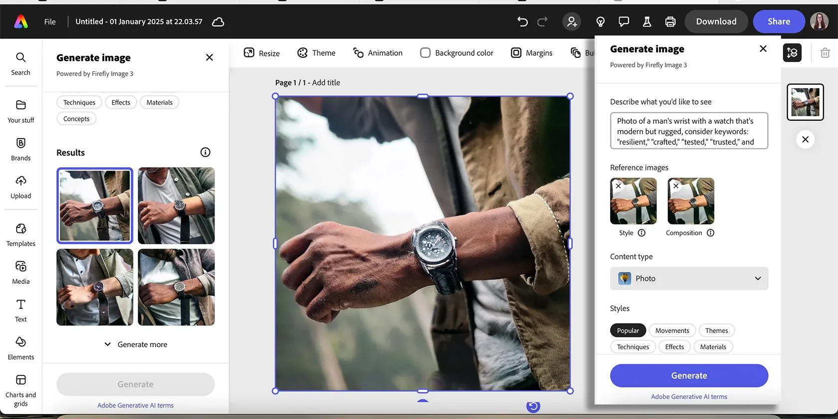 Hình ảnh đồng hồ theo phong cách lifestyle được tạo bằng AI Adobe Firefly thông qua Adobe Express, minh họa ứng dụng của AI trong tạo nội dung marketing.